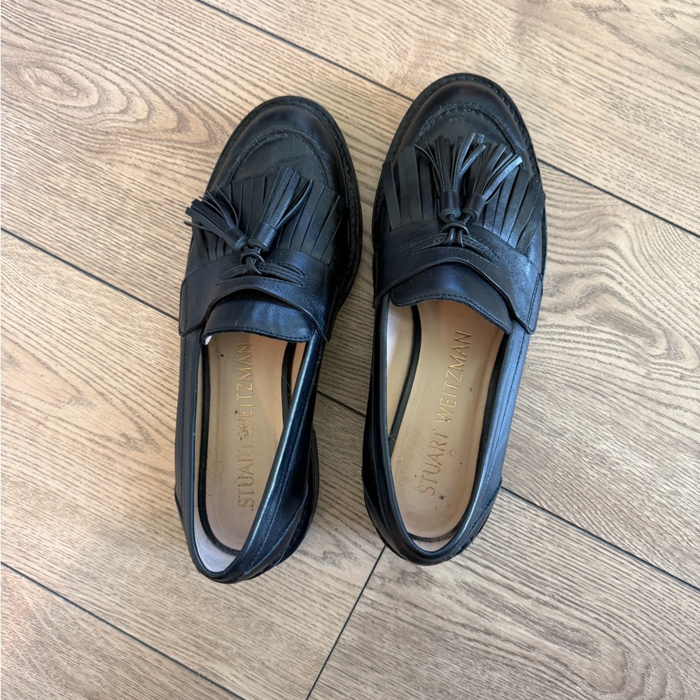 Stuart Weitzman Black Leather Tassel Loafers Flats Women Shoes Size 8.5